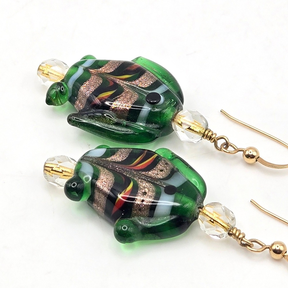 Handmade Murano Style Lampwork Glass Green Fish Dangle Earrings Gold Foil